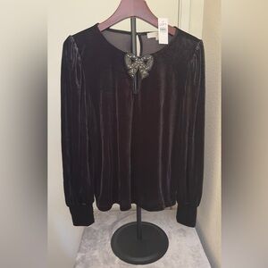 LOFT Black Velvet Blouse with Embellished Bow